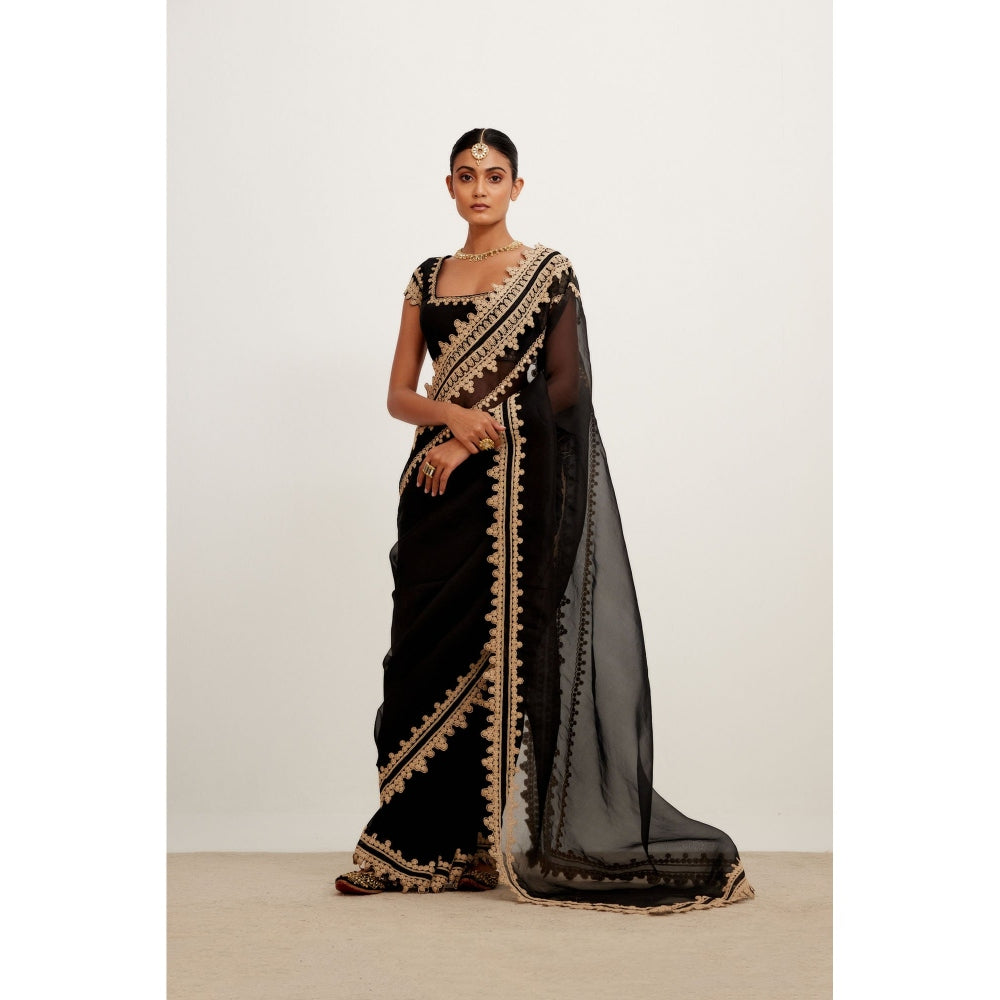 Devnaagri Black Embroidered Georgette Organza Saree with Stitched Blouse (Set of 2)