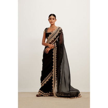 Devnaagri Black Embroidered Georgette Organza Saree with Stitched Blouse (Set of 2)