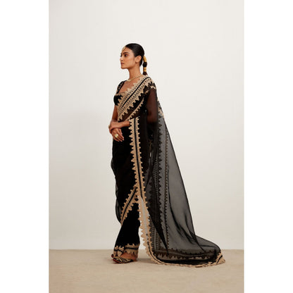 Devnaagri Black Embroidered Georgette Organza Saree with Stitched Blouse (Set of 2)