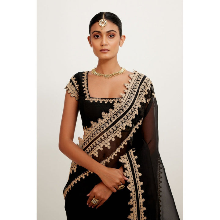 Devnaagri Black Embroidered Georgette Organza Saree with Stitched Blouse (Set of 2)