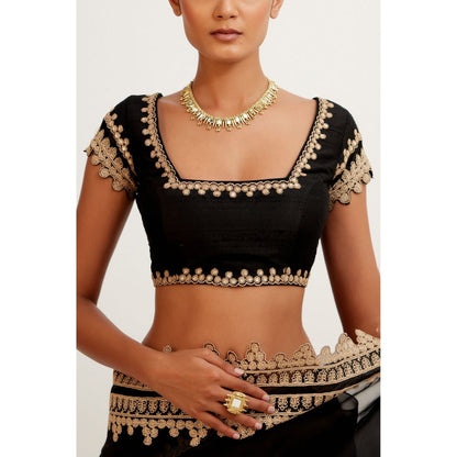 Devnaagri Black Embroidered Georgette Organza Saree with Stitched Blouse (Set of 2)