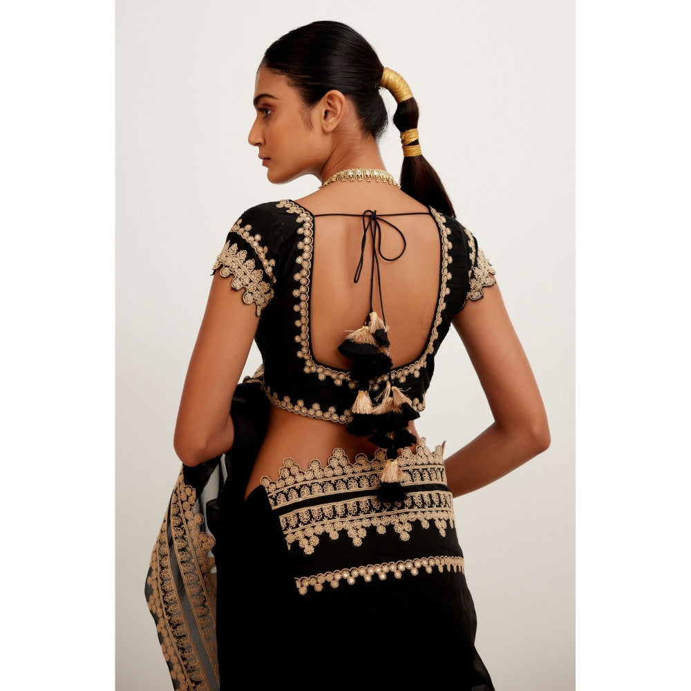 Devnaagri Black Embroidered Georgette Organza Saree with Stitched Blouse (Set of 2)