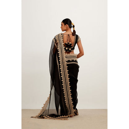 Devnaagri Black Embroidered Georgette Organza Saree with Stitched Blouse (Set of 2)