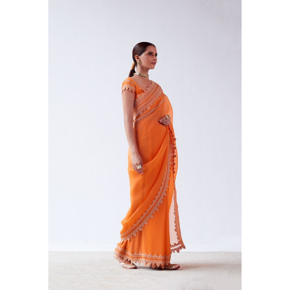 Devnaagri Orange Embroidered Georgette Organza Saree with Stitched Blouse (Set of 2)