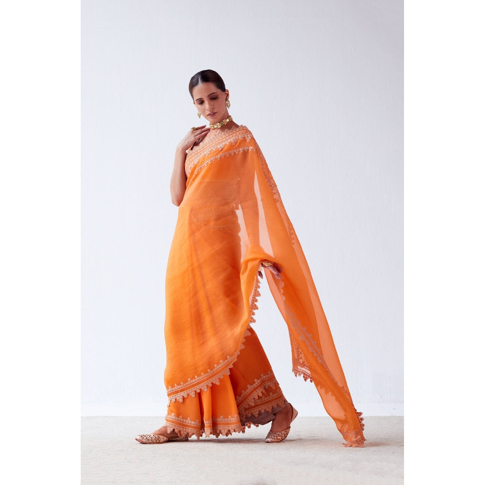 Devnaagri Orange Embroidered Georgette Organza Saree with Stitched Blouse (Set of 2)