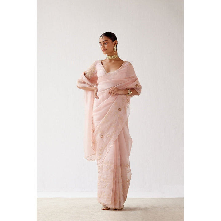 Devnaagri Baby Pink Embroidered Organza Saree with Stitched Blouse (Set of 2)