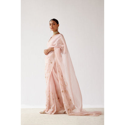 Devnaagri Baby Pink Embroidered Organza Saree with Stitched Blouse (Set of 2)