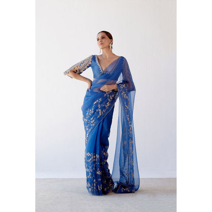 Devnaagri Blue Embroidered Organza Saree with Stitched Blouse (Set of 2)