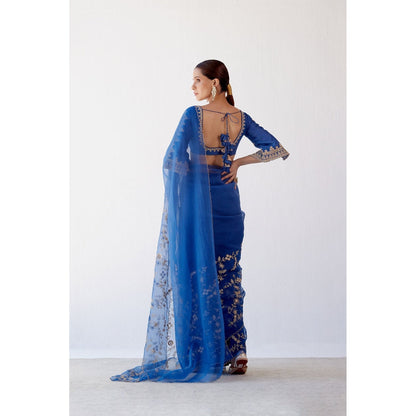 Devnaagri Blue Embroidered Organza Saree with Stitched Blouse (Set of 2)