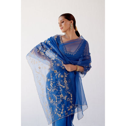 Devnaagri Blue Embroidered Organza Saree with Stitched Blouse (Set of 2)