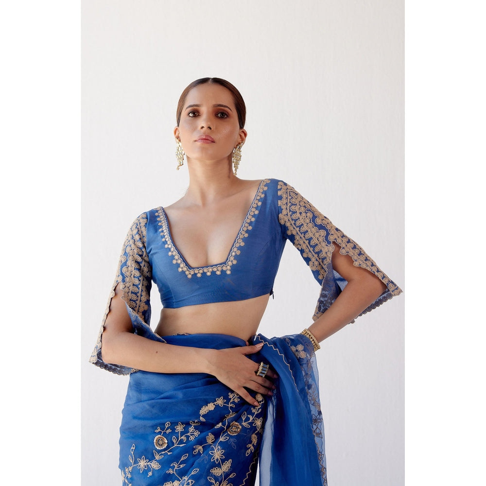 Devnaagri Blue Embroidered Organza Saree with Stitched Blouse (Set of 2)