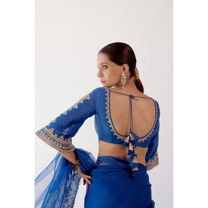 Devnaagri Blue Embroidered Organza Saree with Stitched Blouse (Set of 2)