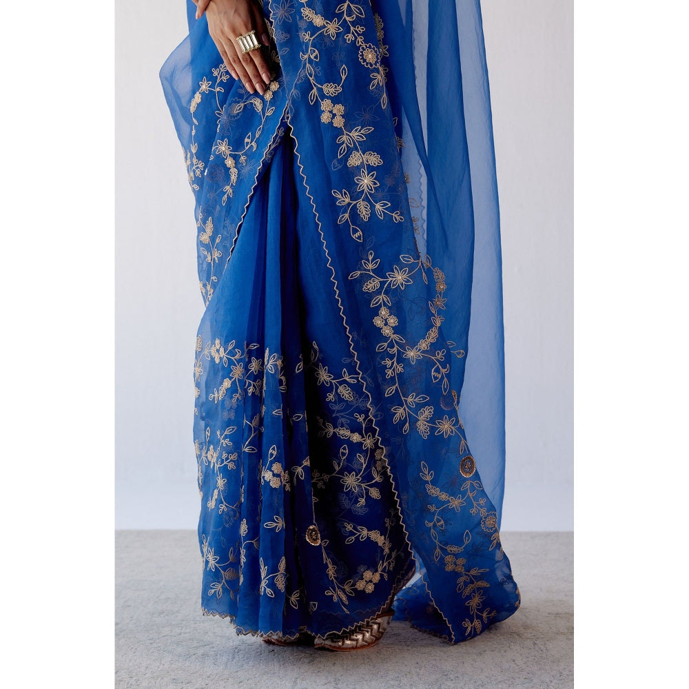 Devnaagri Blue Embroidered Organza Saree with Stitched Blouse (Set of 2)