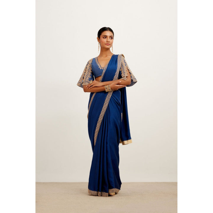 Devnaagri Blue Embroidered Satin Saree with Stitched Blouse (Set of 2)