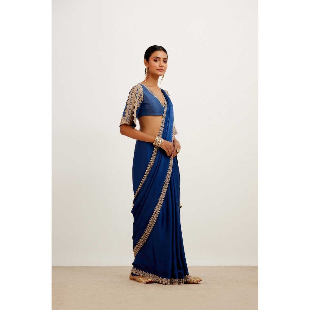 Devnaagri Blue Embroidered Satin Saree with Stitched Blouse (Set of 2)