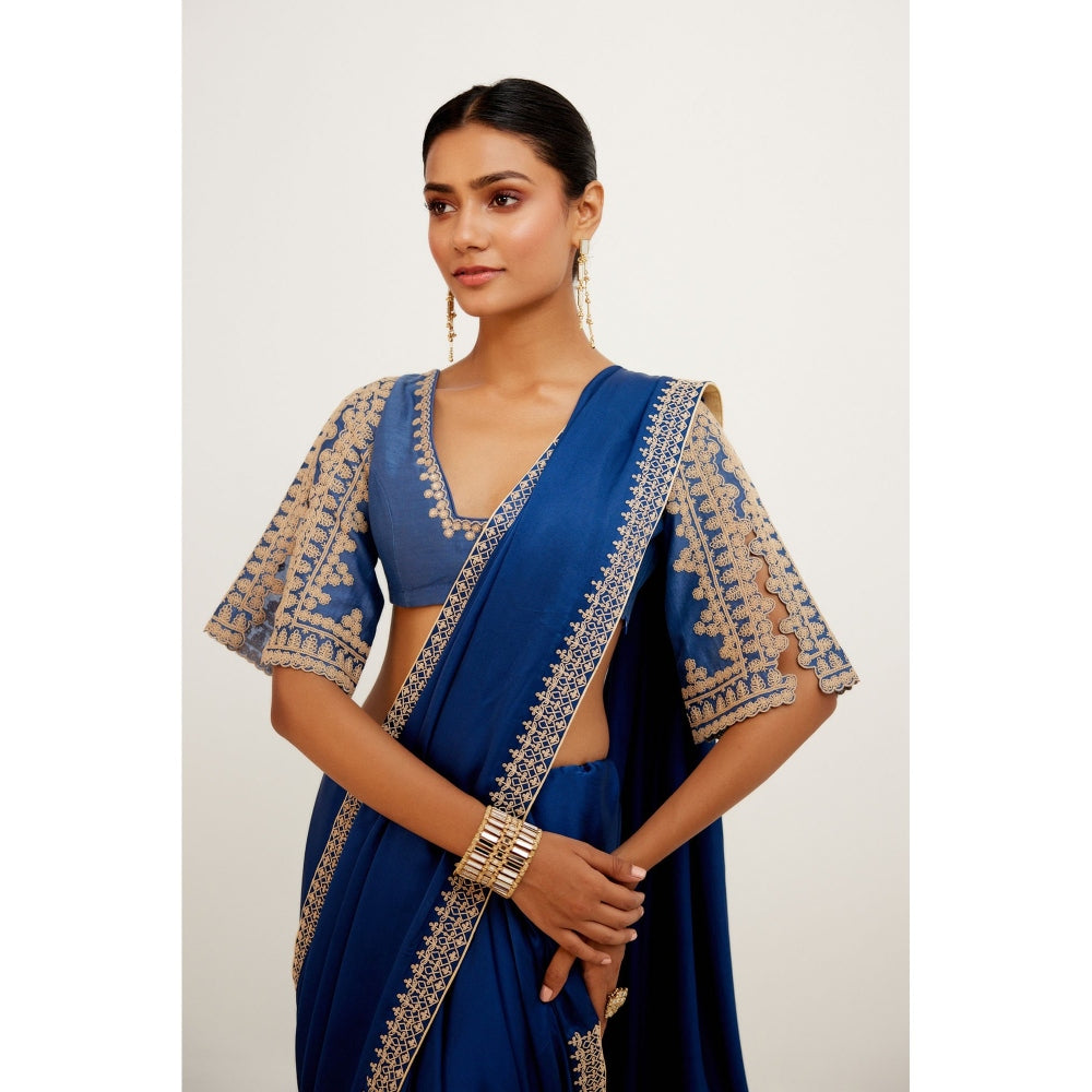 Devnaagri Blue Embroidered Satin Saree with Stitched Blouse (Set of 2)