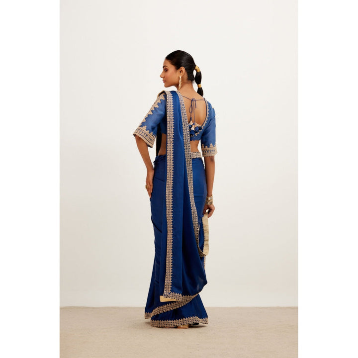 Devnaagri Blue Embroidered Satin Saree with Stitched Blouse (Set of 2)