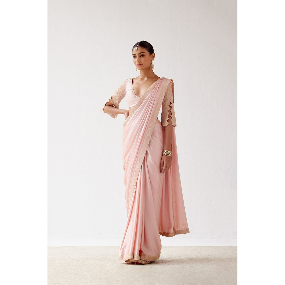 Devnaagri Blush Pink Embroidered Satin Saree with Stitched Blouse (Set of 2)