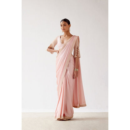 Devnaagri Blush Pink Embroidered Satin Saree with Stitched Blouse (Set of 2)