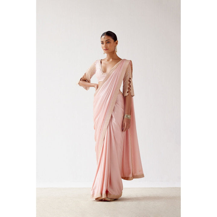 Devnaagri Blush Pink Embroidered Satin Saree with Stitched Blouse (Set of 2)