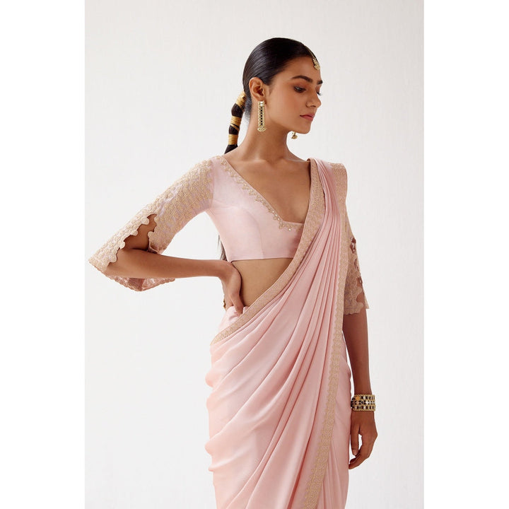 Devnaagri Blush Pink Embroidered Satin Saree with Stitched Blouse (Set of 2)
