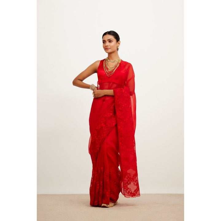 Devnaagri Red Organza Embroidered Saree with Stitched Blouse (Set of 2)