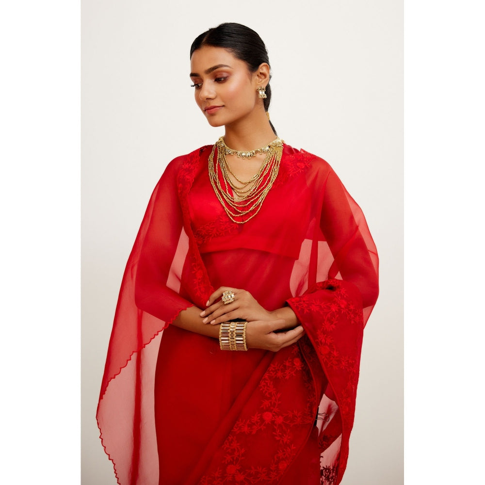 Devnaagri Red Organza Embroidered Saree with Stitched Blouse (Set of 2)