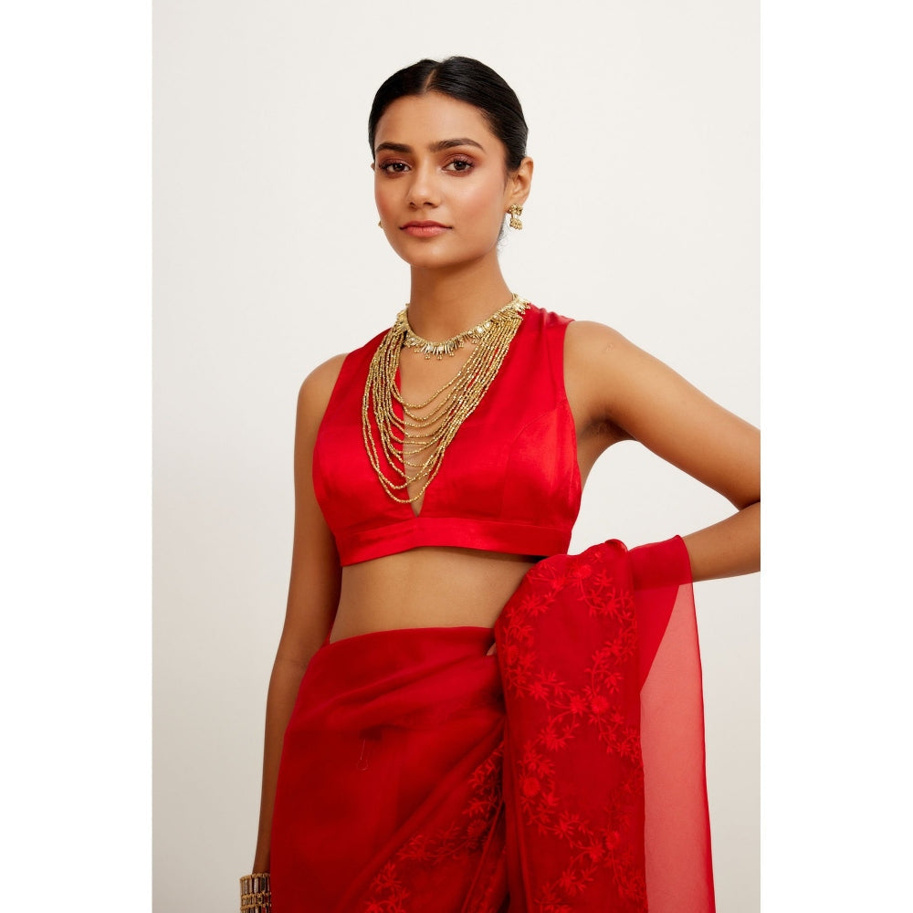 Devnaagri Red Organza Embroidered Saree with Stitched Blouse (Set of 2)