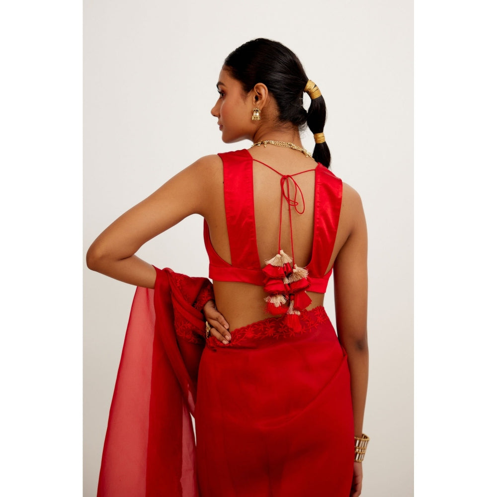 Devnaagri Red Organza Embroidered Saree with Stitched Blouse (Set of 2)