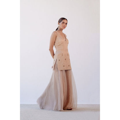 Devnaagri Beige Embroidered Kurta and Sharara with Dupatta (Set of 3)