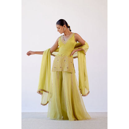 Devnaagri Lime Green Embroidered Kurta and Sharara with Dupatta (Set of 3)