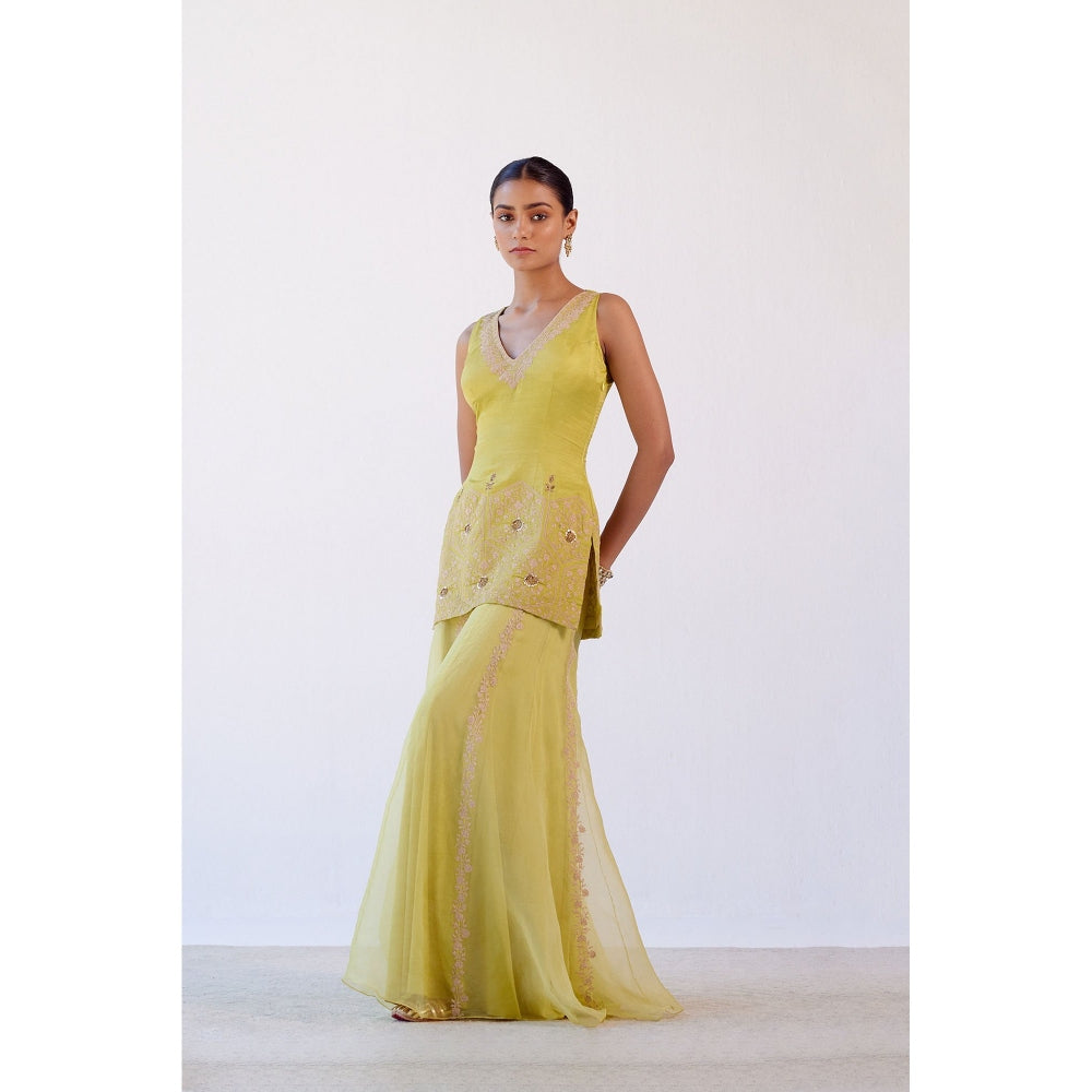 Devnaagri Lime Green Embroidered Kurta and Sharara with Dupatta (Set of 3)