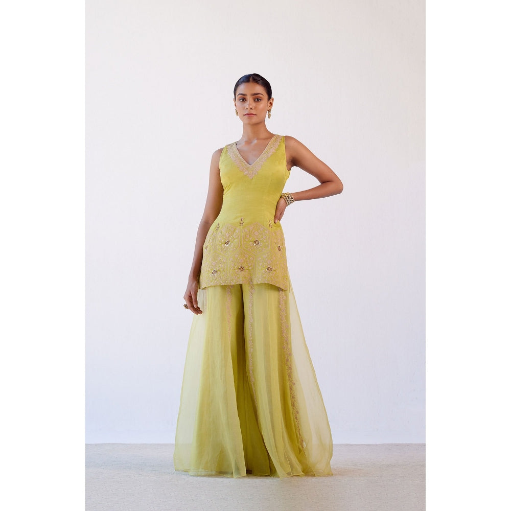 Devnaagri Lime Green Embroidered Kurta and Sharara with Dupatta (Set of 3)