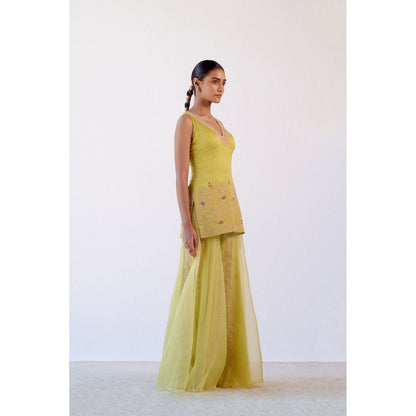 Devnaagri Lime Green Embroidered Kurta and Sharara with Dupatta (Set of 3)