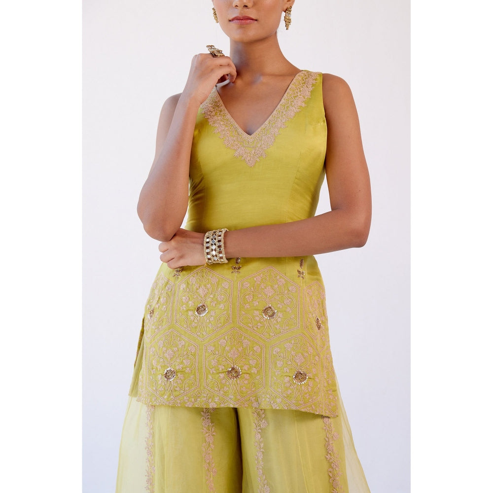 Devnaagri Lime Green Embroidered Kurta and Sharara with Dupatta (Set of 3)