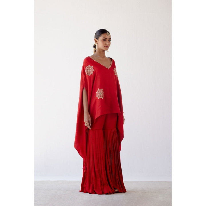 Devnaagri Red Embroidered Cotton Silk Cape and Sharara (Set of 2)