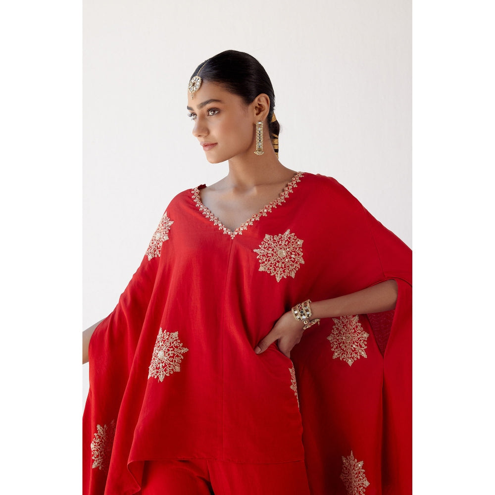 Devnaagri Red Embroidered Cotton Silk Cape and Sharara (Set of 2)