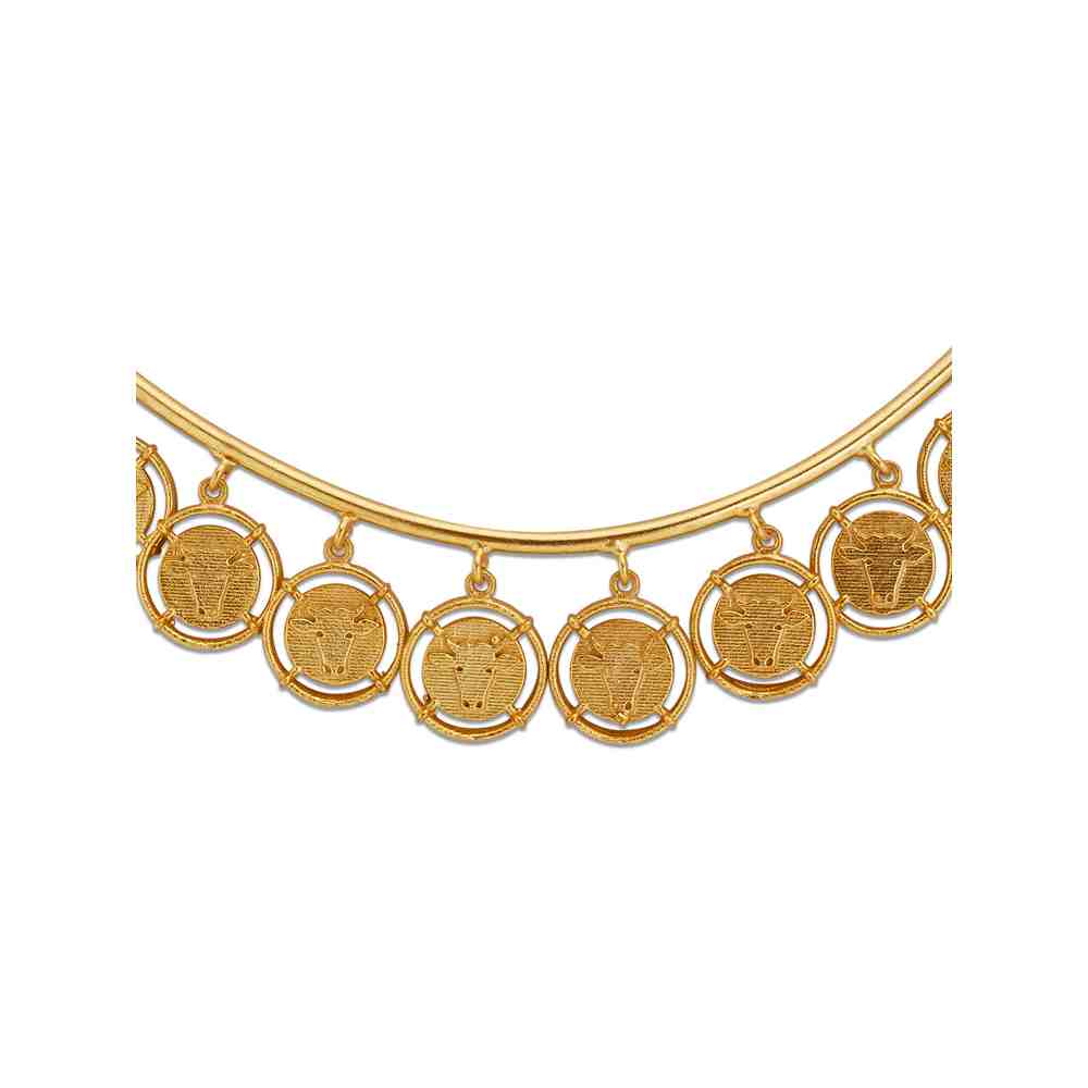 Dhwani Bansal Inka Collar with Gold Plated Textured Charms Set Against A Semi Hansli Necklace