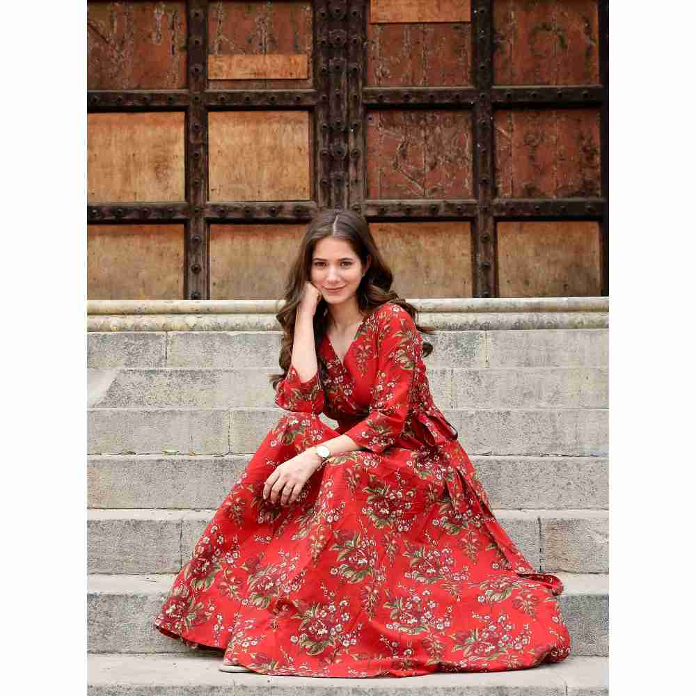 DIMPLE DESIGN STUDIO Dreamy Red Floral Cotton Dress (Set of 2)