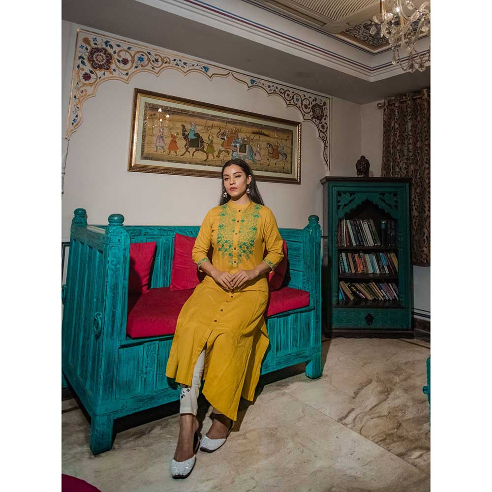 Divena Yellow Embroidered Khadi Kurta