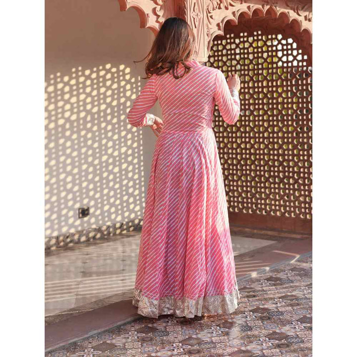 Divena Pink Printed Leheriya Cotton Anarkali With Copper Lace
