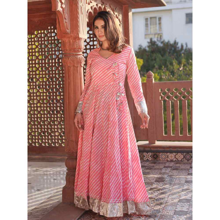Divena Pink Printed Leheriya Cotton Anarkali With Copper Lace