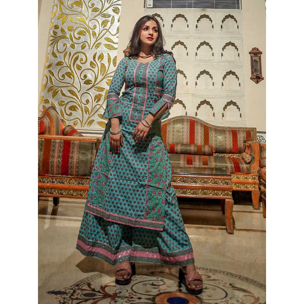 Divena Turquoise Floral Straight Kurti With Palazzo (Set of 2)