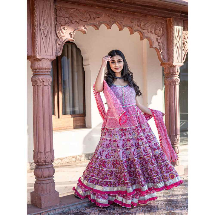 Divena Pink Cotton Sleeves Less Anarkali Sharara with Dupatta (Set of 3)