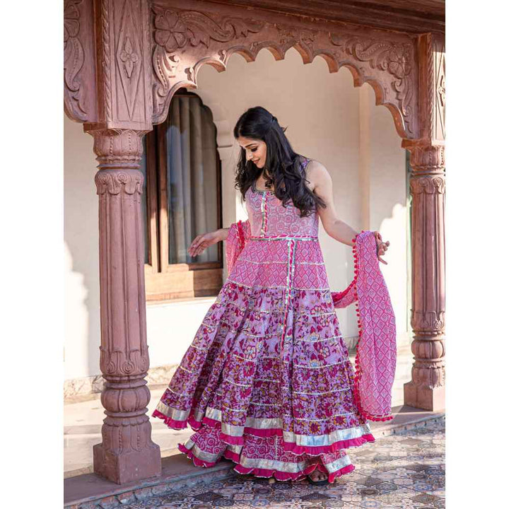 Divena Pink Cotton Sleeves Less Anarkali Sharara with Dupatta (Set of 3)