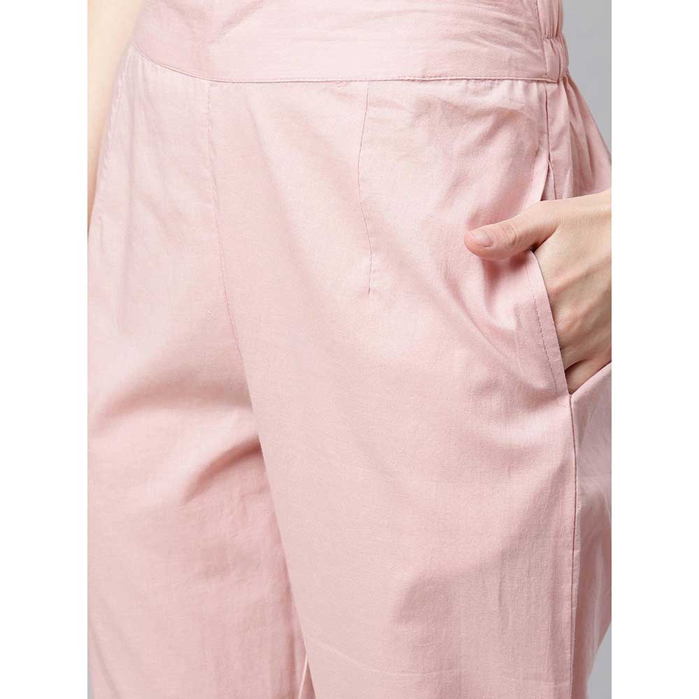 Divena Light Pink Cotton Anarkali Gown Pant with Net Dupatta (Set of 3)