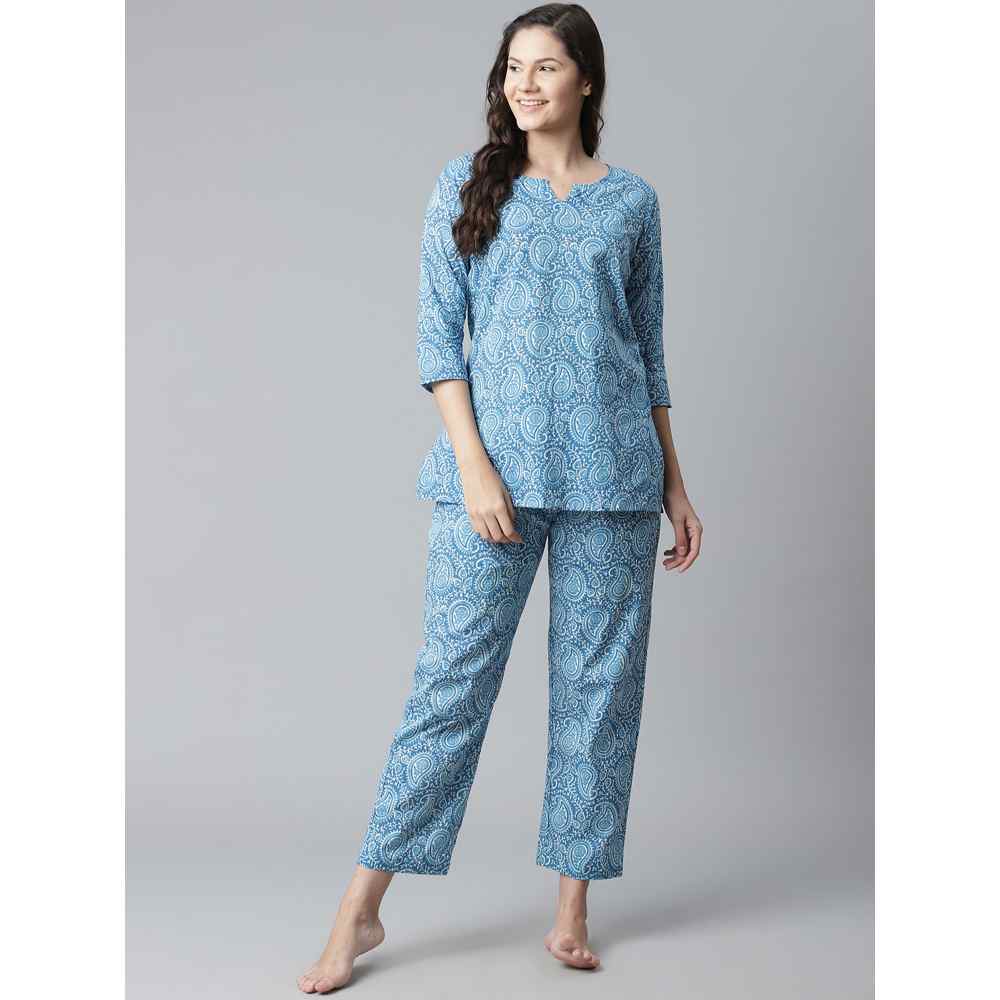 Divena Blue Printed Cotton Nightwear (Set of 2)