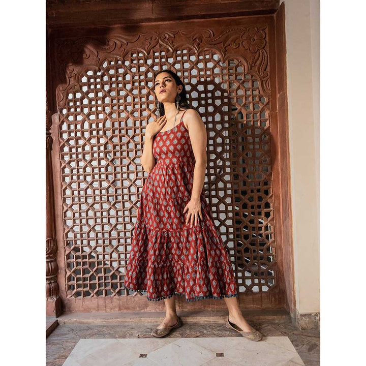 Divena Maroon Buti Printed Shoulder Strip Long Dress