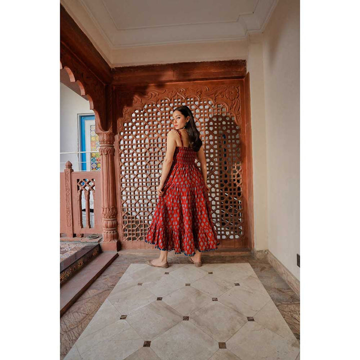 Divena Maroon Buti Printed Shoulder Strip Long Dress