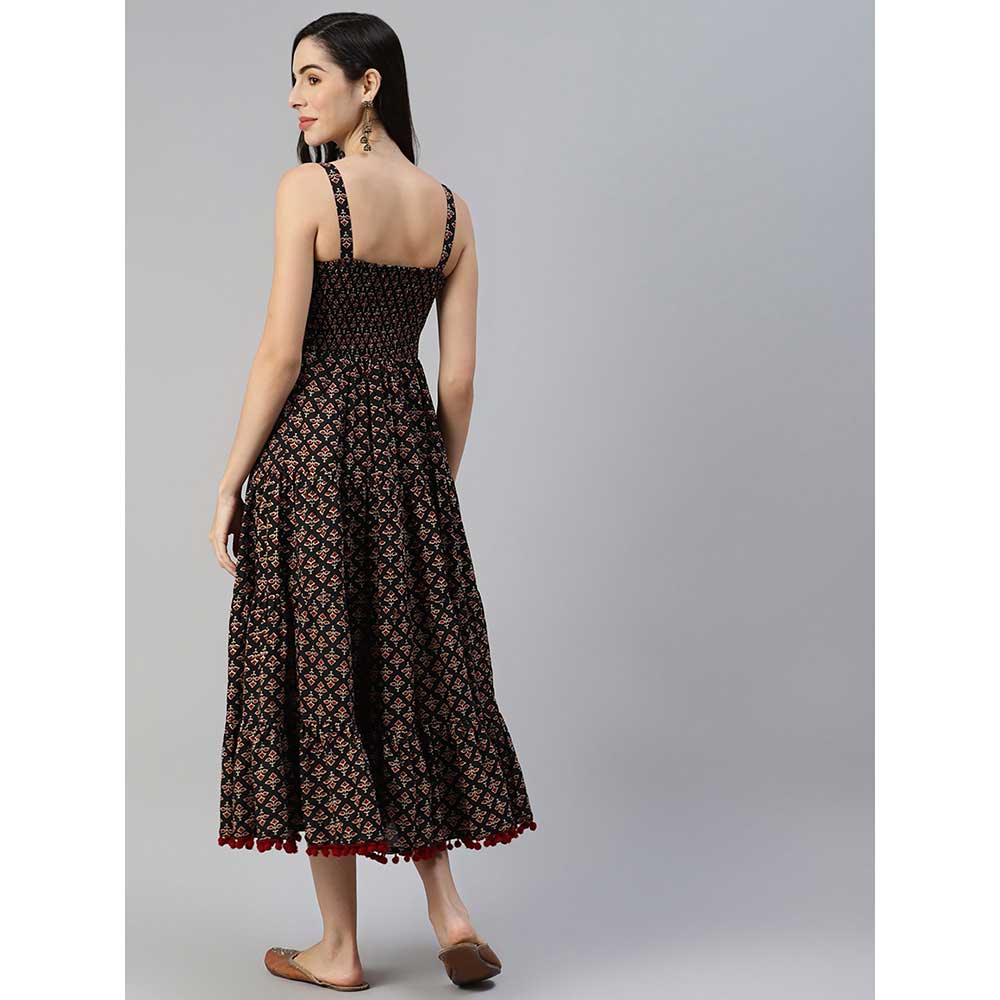 Divena Black Floral Printed Shoulder Strip Long Dress